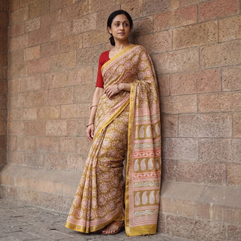 Yellow Bagh Hand Block Print Natural Dyed Maheshwari Silk Zari Border Saree, draped and worn by a woman, AI visual of the saree, iTokri
