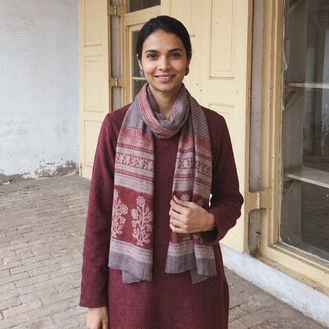 Maroon Bagh Hand Block Printed Merino Woollen Stole, worn by a woman, AI visual of the stole, iTokri