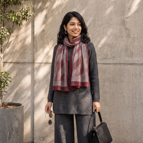 Maroon Bagh Hand Block Printed Merino Woollen Stole, worn by a woman, AI visual of the stole, iTokri