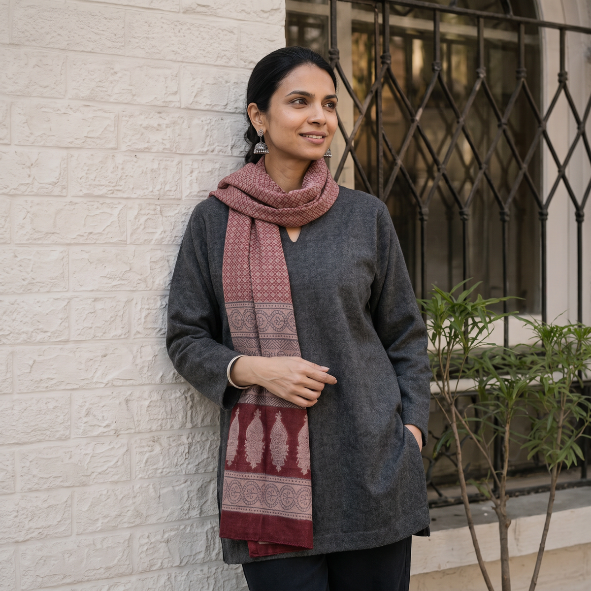 Maroon Bagh Hand Block Printed Merino Woollen Stole, worn by a woman, AI visual of the stole, iTokri