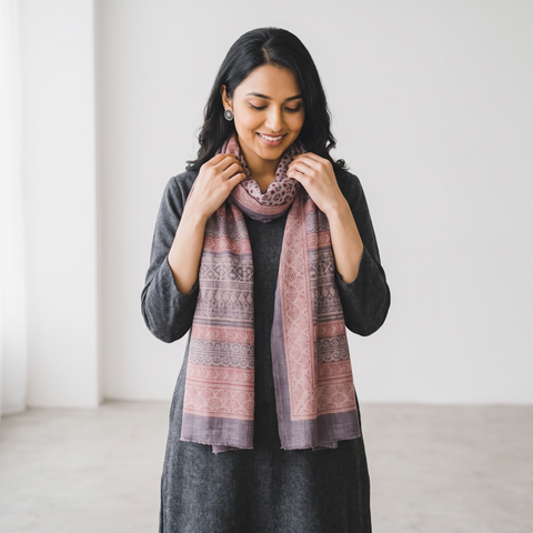 Brown Bagh Hand Block Printed Merino Woollen Stole, worn by a woman, AI visual of the stole, iTokri