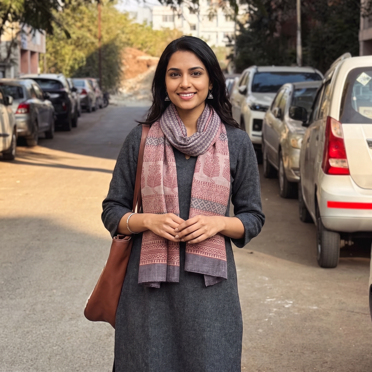 Brown Bagh Hand Block Printed Merino Woollen Stole, worn by a woman, AI visual of the stole, iTokri