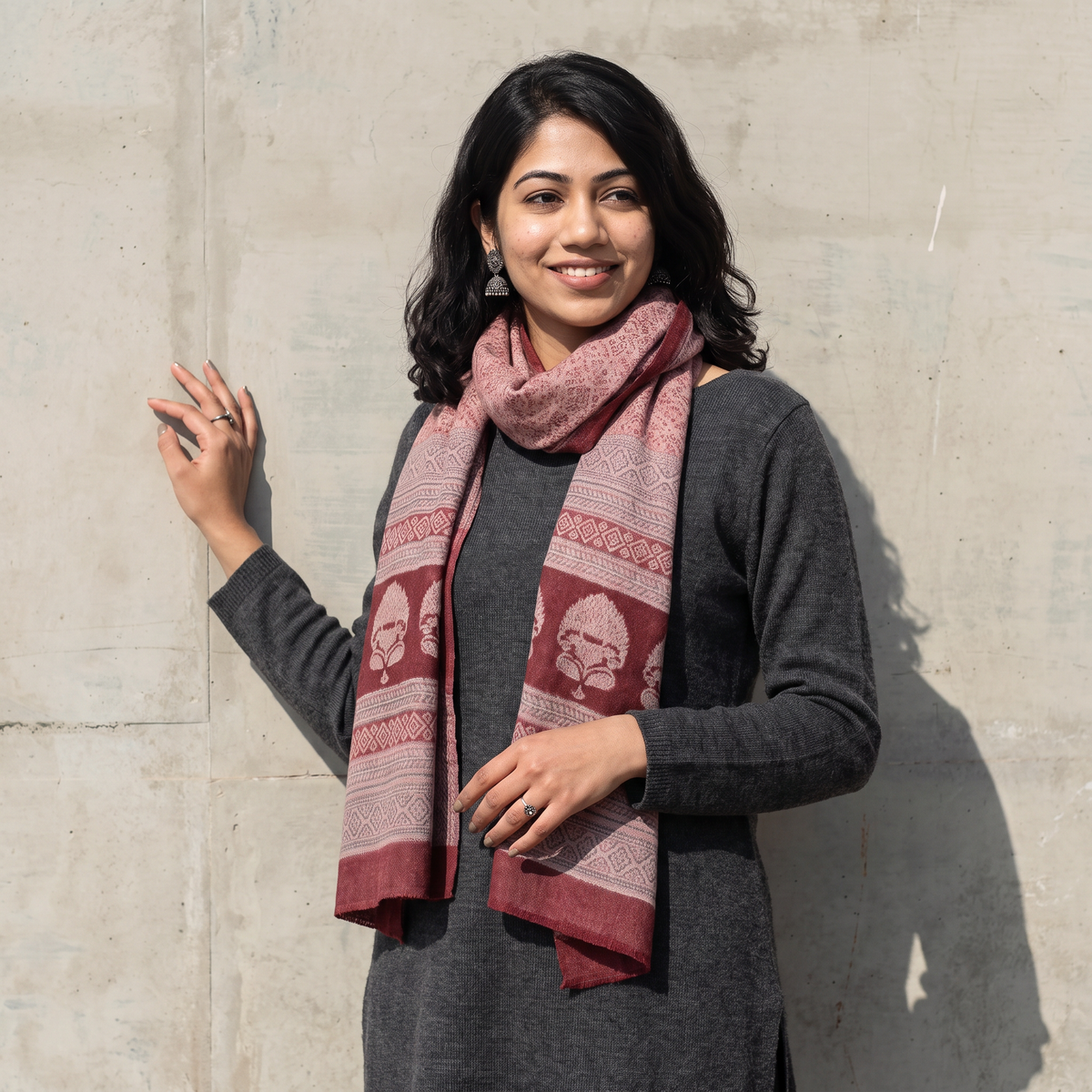 Maroon Bagh Hand Block Printed Merino Woollen Stole, worn by a woman, AI visual of the stole, iTokri