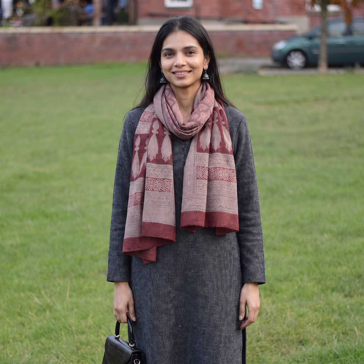 Maroon Bagh Hand Block Printed Merino Woollen Stole, worn by a woman, AI visual of the stole, iTokri