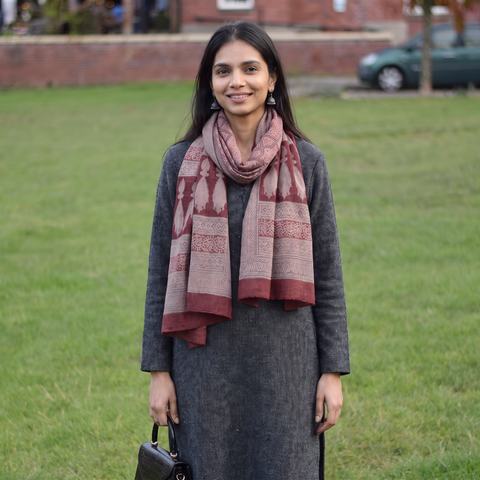 Maroon Bagh Hand Block Printed Merino Woollen Stole, worn by a woman, AI visual of the stole, iTokri