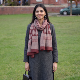 Maroon Bagh Hand Block Printed Merino Woollen Stole, worn by a woman, AI visual of the stole, iTokri