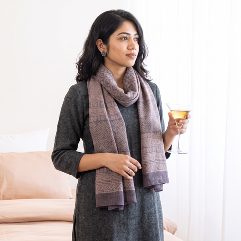 Grey Bagh Hand Block Printed Merino Woollen Stole, worn by a woman, AI visual of the stole, iTokri