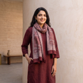 Maroon Bagh Hand Block Printed Merino Woollen Stole, worn by a woman, AI visual of the stole, iTokri