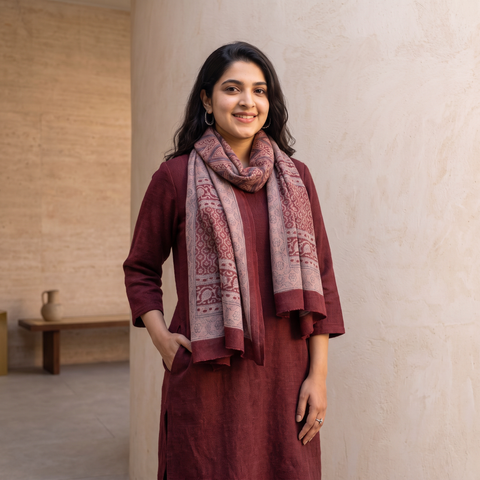 Maroon Bagh Hand Block Printed Merino Woollen Stole, worn by a woman, AI visual of the stole, iTokri