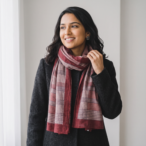 Maroon Bagh Hand Block Printed Merino Woollen Stole, worn by a woman, AI visual of the stole, iTokri