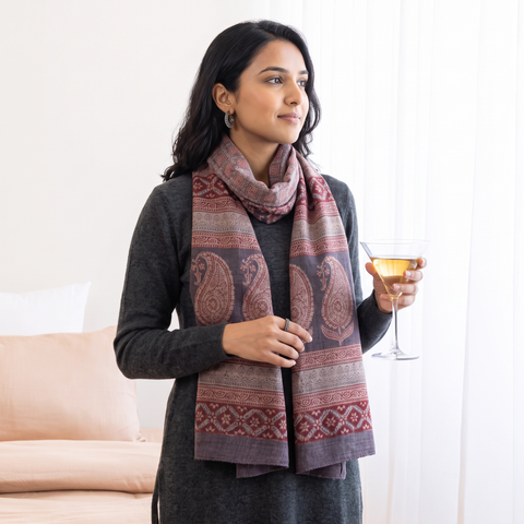 Maroon Bagh Hand Block Printed Merino Woollen Stole, worn by a woman, AI visual of the stole, iTokri