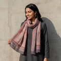 Light Brown Bagh Hand Block Printed Merino Woollen Stole, worn by a woman, AI visual of the stole, iTokri