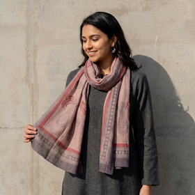 Light Brown Bagh Hand Block Printed Merino Woollen Stole, worn by a woman, AI visual of the stole, iTokri
