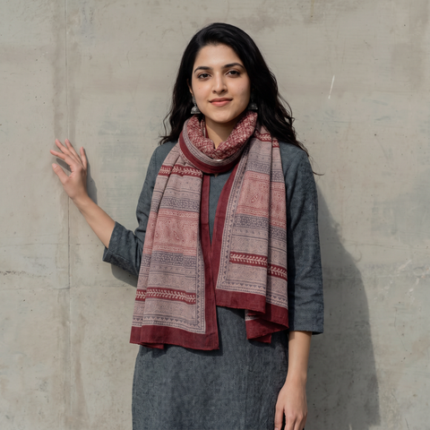 Maroon Bagh Hand Block Printed Merino Woollen Stole, worn by a woman, AI visual of the stole, iTokri
