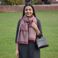 Maroon Bagh Hand Block Printed Merino Woollen Stole, worn by a woman, AI visual of the stole, iTokri