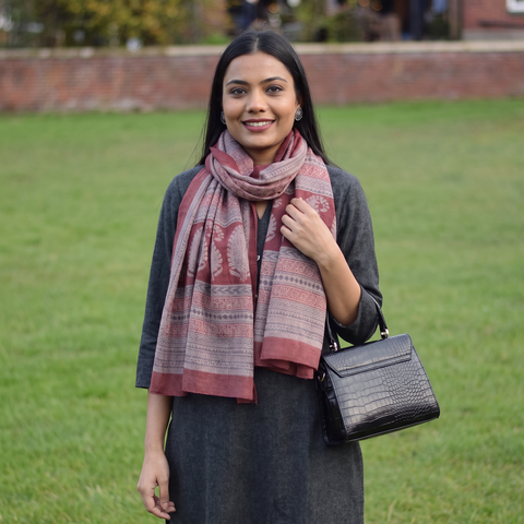 Maroon Bagh Hand Block Printed Merino Woollen Stole, worn by a woman, AI visual of the stole, iTokri