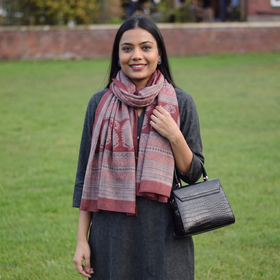 Maroon Bagh Hand Block Printed Merino Woollen Stole, worn by a woman, AI visual of the stole, iTokri