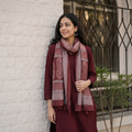 Maroon Bagh Hand Block Printed Merino Woollen Stole, worn by a woman, AI visual of the stole, iTokri