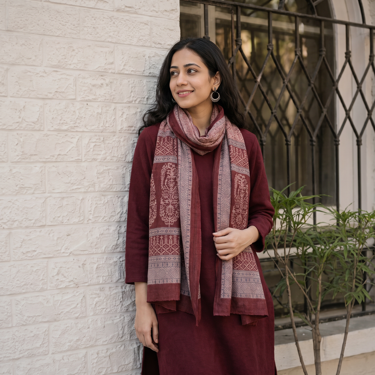 Maroon Bagh Hand Block Printed Merino Woollen Stole, worn by a woman, AI visual of the stole, iTokri