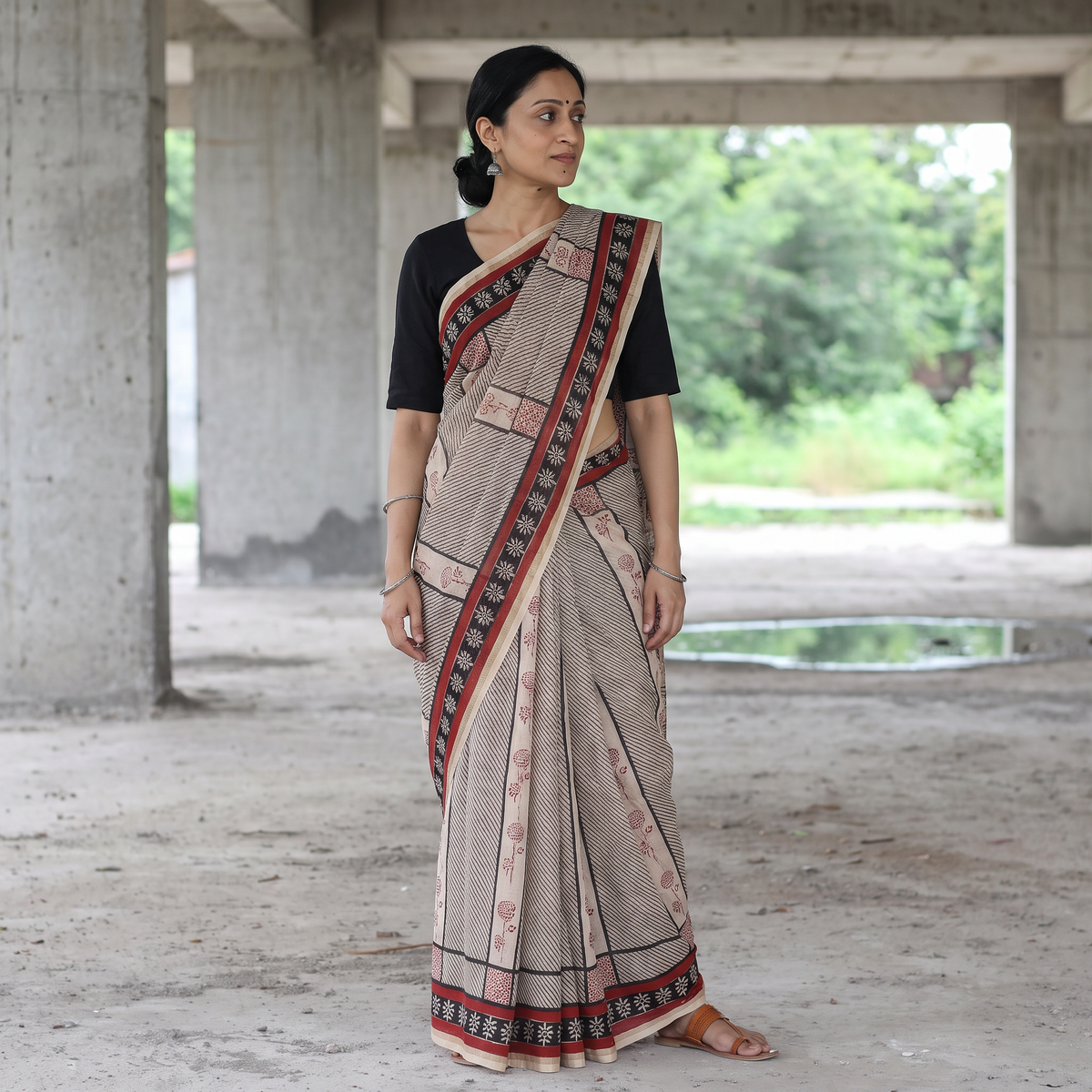 Beige Bagh Hand Block Printed Natural Dyed Chanderi Silk Saree, draped and worn by a woman, AI visual of the saree, iTokri
