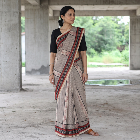 Beige Bagh Hand Block Printed Natural Dyed Chanderi Silk Saree, draped and worn by a woman, AI visual of the saree, iTokri