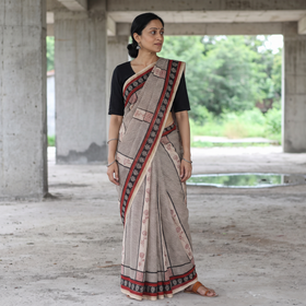 Beige Bagh Hand Block Printed Natural Dyed Chanderi Silk Saree, draped and worn by a woman, AI visual of the saree, iTokri