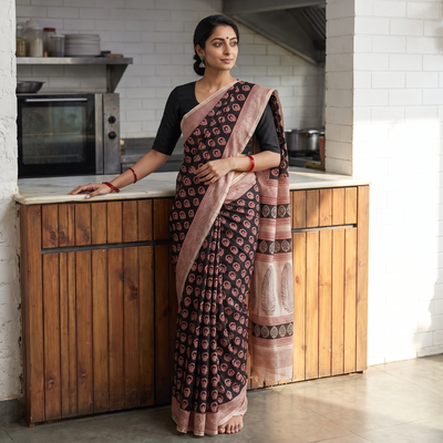 Black Bagh Hand Block Printed Natural Dyed Chanderi Silk Saree, draped and worn by a woman, AI visual of the saree, iTokri