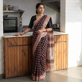 Black Bagh Hand Block Printed Natural Dyed Chanderi Silk Saree, draped and worn by a woman, AI visual of the saree, iTokri