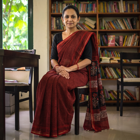 Red Bagh Hand Block Printed Natural Dyed Chanderi Silk Saree, draped and worn by a woman, AI visual of the saree, iTokri