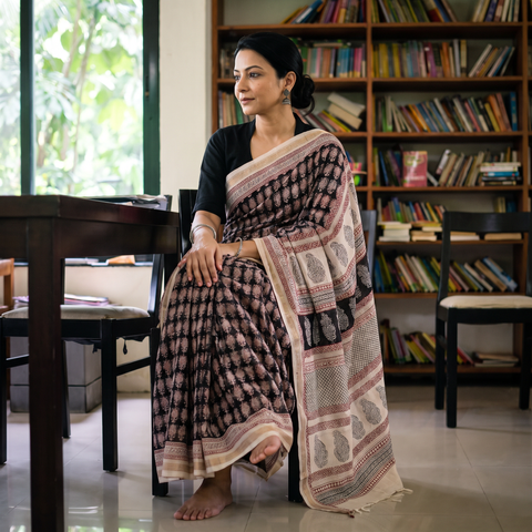 Black Bagh Hand Block Printed Natural Dyed Maheshwari Silk Saree, draped and worn by a woman, AI visual of the saree, iTokri