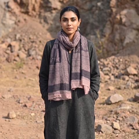 Black Bagh Hand Block Printed Woollen Stole, worn by a woman, AI visual of the stole, iTokri