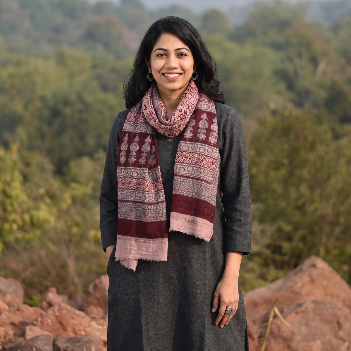 Maroon Bagh Hand Block Printed Woollen Stole, worn by a woman, AI visual of the stole, iTokri