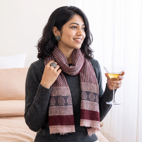 Maroon Bagh Hand Block Printed Woollen Stole, worn by a woman, AI visual of the stole, iTokri