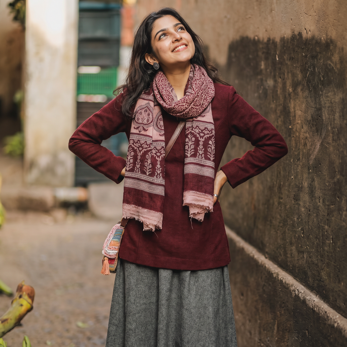 Maroon Bagh Hand Block Printed Woollen Stole, worn by a woman, AI visual of the stole, iTokri