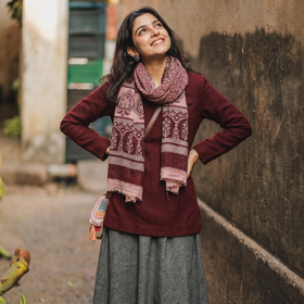 Maroon Bagh Hand Block Printed Woollen Stole, worn by a woman, AI visual of the stole, iTokri