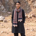 Maroon Bagh Hand Block Printed Woollen Stole, worn by a woman, AI visual of the stole, iTokri