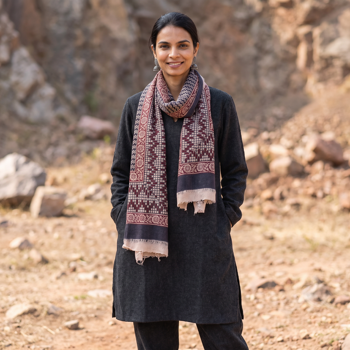 Maroon Bagh Hand Block Printed Woollen Stole, worn by a woman, AI visual of the stole, iTokri