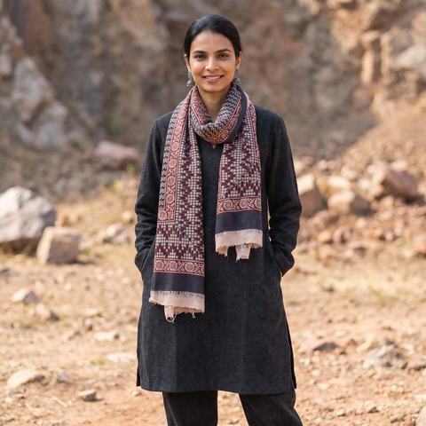 Maroon Bagh Hand Block Printed Woollen Stole, worn by a woman, AI visual of the stole, iTokri