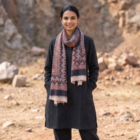Maroon Bagh Hand Block Printed Woollen Stole, worn by a woman, AI visual of the stole, iTokri