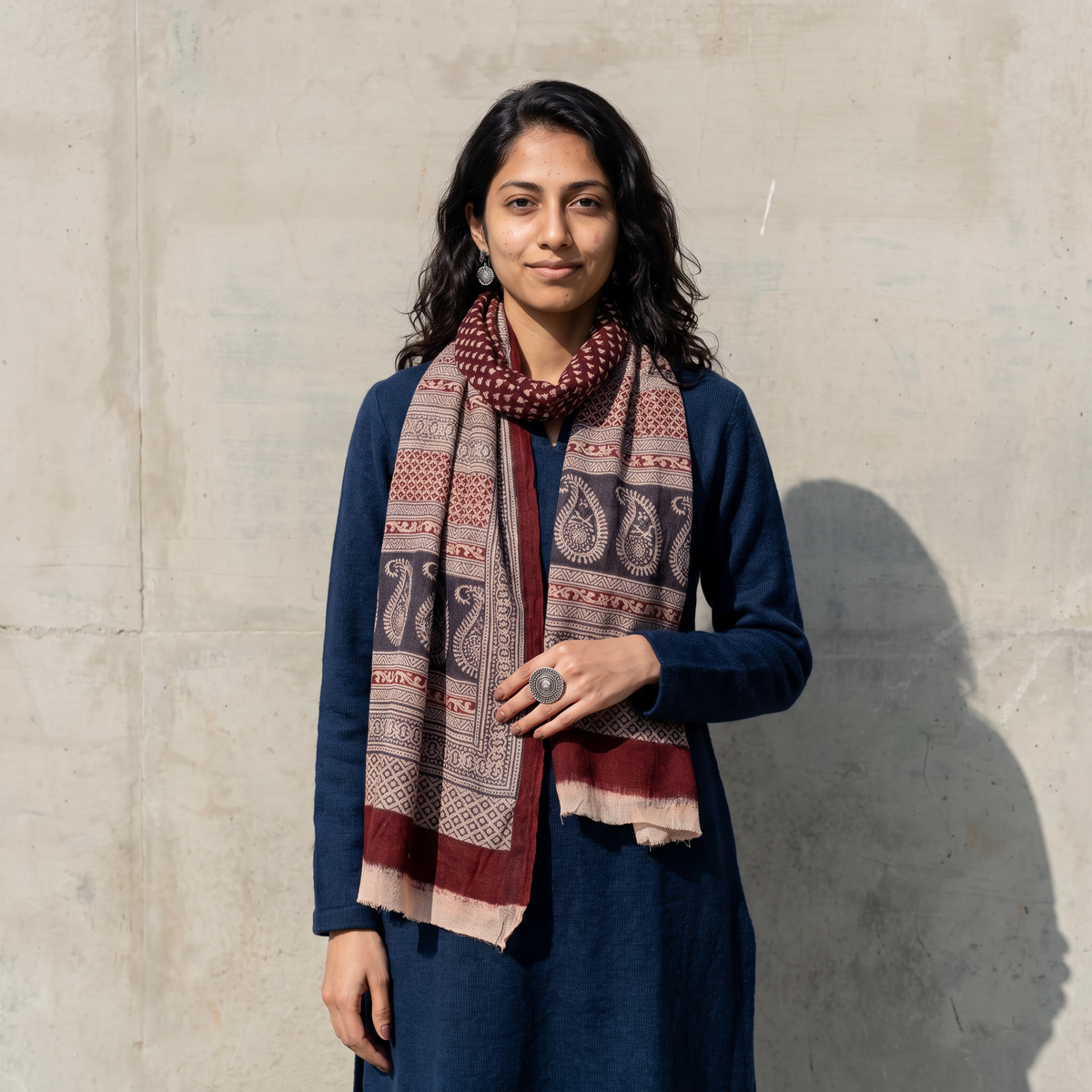 Maroon Bagh Hand Block Printed Woollen Stole, worn by a woman, AI visual of the stole, iTokri