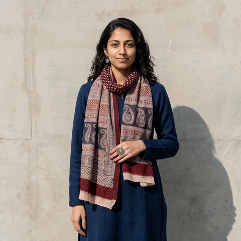 Maroon Bagh Hand Block Printed Woollen Stole, worn by a woman, AI visual of the stole, iTokri