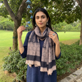 Black Bagh Hand Block Printed Woollen Stole, worn by a woman, AI visual of the stole, iTokri