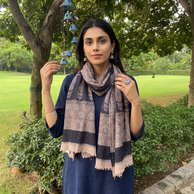 Black Bagh Hand Block Printed Woollen Stole, worn by a woman, AI visual of the stole, iTokri