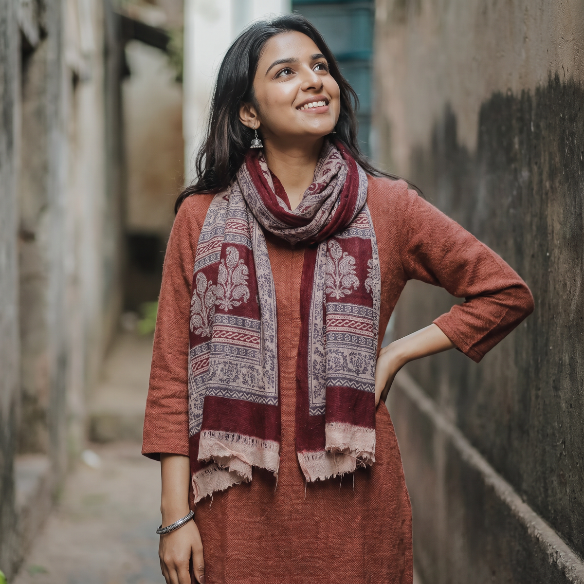 Maroon Bagh Hand Block Printed Woollen Stole, worn by a woman, AI visual of the stole, iTokri