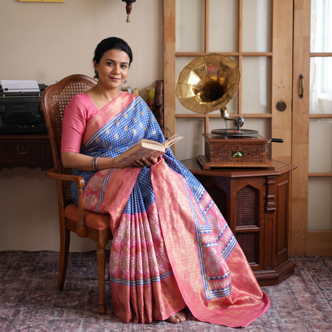 Multicolor Bagh Indigo Hand Block Print Natural Dyed Dola Silk Zari Work Saree, draped and worn by a woman, AI visual of the saree, iTokri