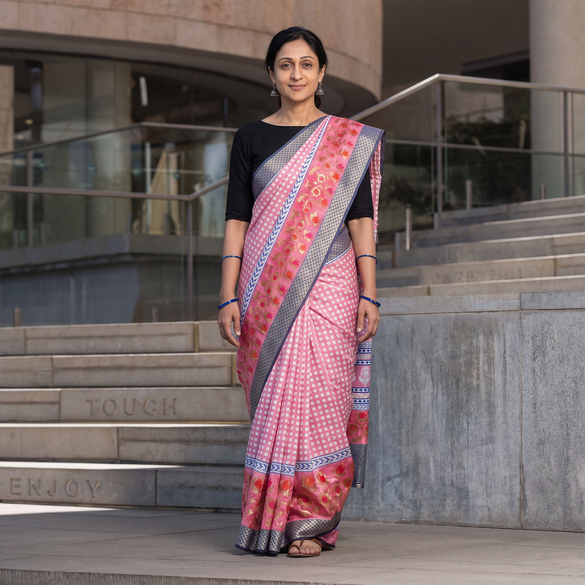 Pink Bagh Indigo Hand Block Print Natural Dyed Dola Silk Zari Work Saree, draped and worn by a woman, AI visual of the saree, iTokri