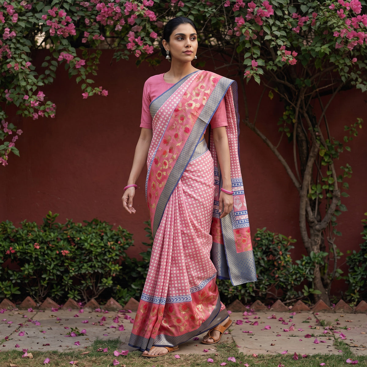 Pink Bagh Indigo Hand Block Print Natural Dyed Dola Silk Zari Work Saree, worn by a woman walking in a garden courtyard, AI visual of the saree, iTokri