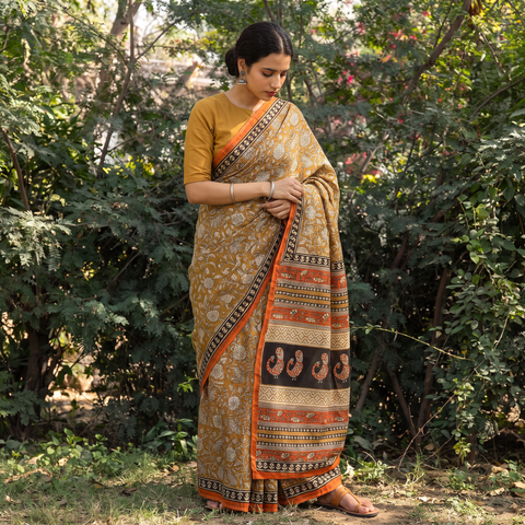 Yellow Bagru Block Printed Handloom Chanderi Silk Saree, draped and worn by a woman, AI visual of the saree, iTokri
