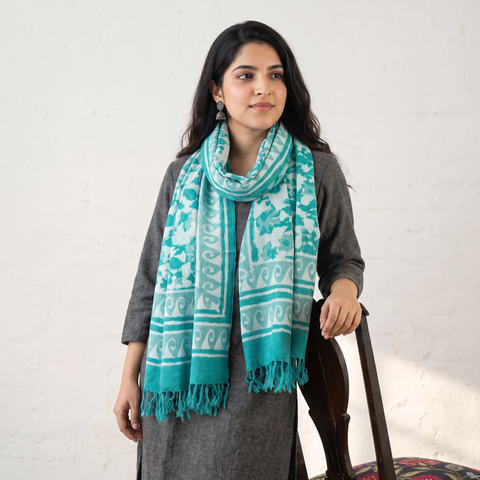 Blue Bagru Dabu Hand Block Print Pure Merino Wool Handwoven Natural Dyed Stole, worn by a woman, AI visual of the stole, iTokri