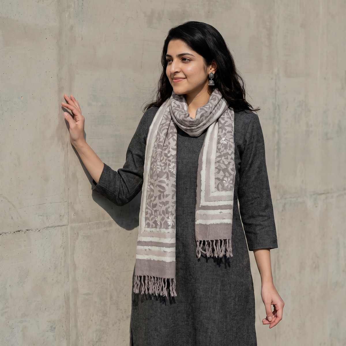 Grey Bagru Dabu Hand Block Print Pure Merino Wool Handwoven Natural Dyed Stole, worn by a woman, AI visual of the stole, iTokri
